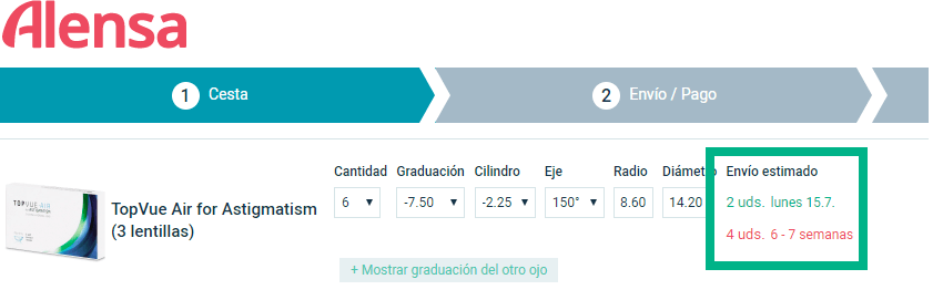 Alensa.es tiempo de la entrega estimada que se encuentra en la cesta de
compra para cada producto